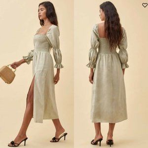 Reformation Smocked Long Sleeve Green MIDI Dress